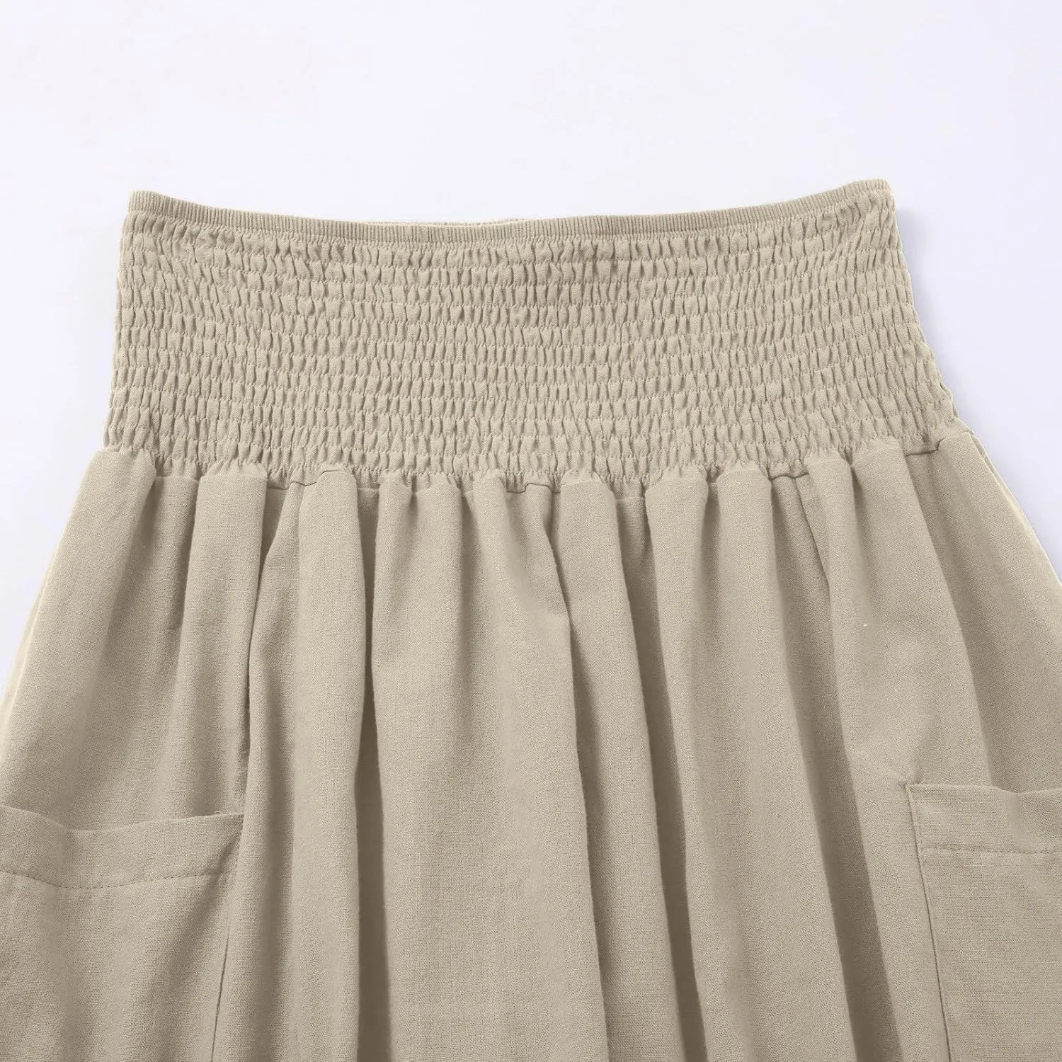 fanmpghleoo Linen Pants Women Summer Smocked Elastic High Waisted Linen Joggers with Pockets Wide Leg Yoga Boho Harem Pants