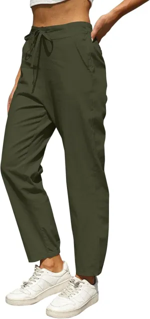 fanmpghleoo Tapered Linen Pants Women Summer Drawstring Back Elastic Waist Pants Soft Crop Straight Leg Trousers with Pockets