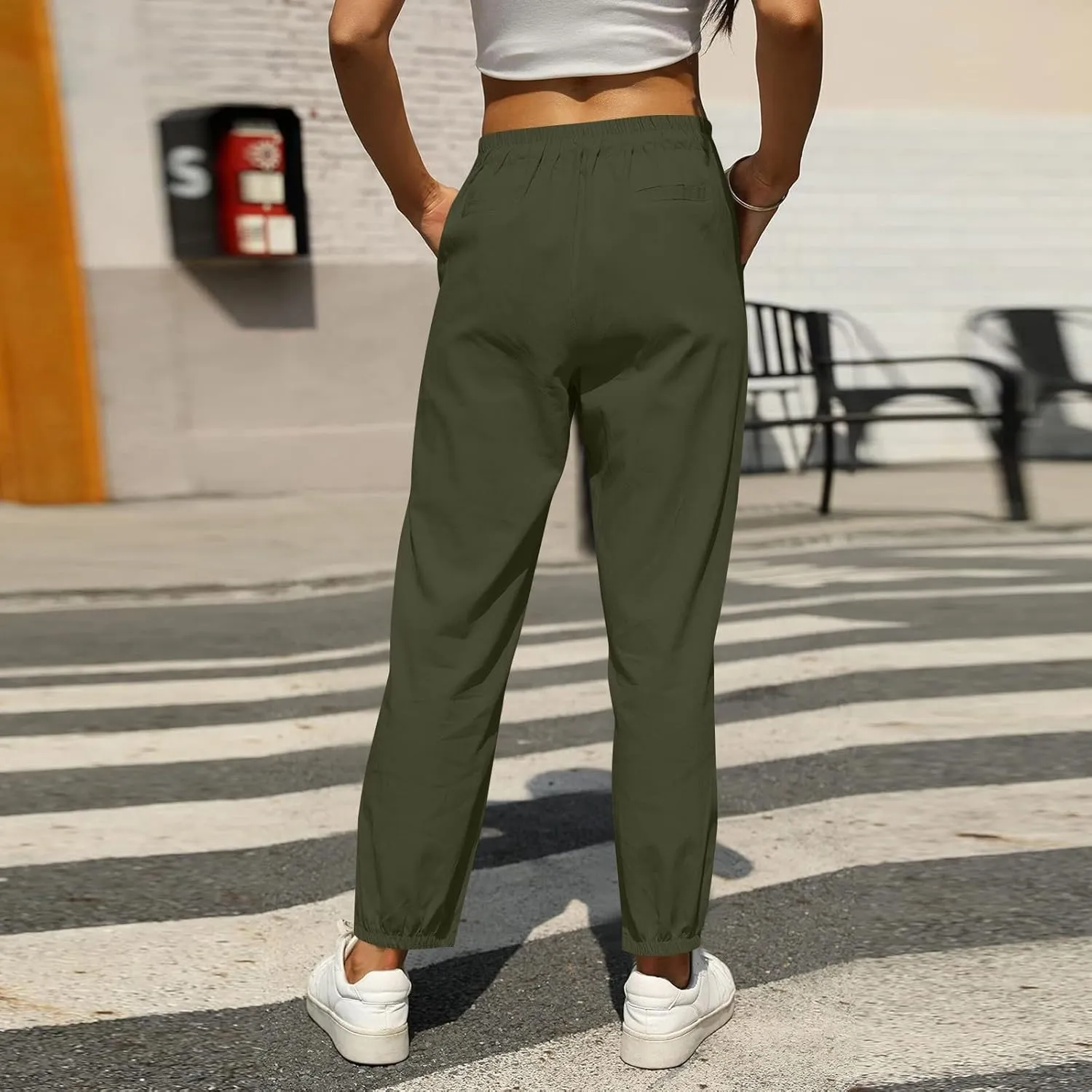 fanmpghleoo Tapered Linen Pants Women Summer Drawstring Back Elastic Waist Pants Soft Crop Straight Leg Trousers with Pockets