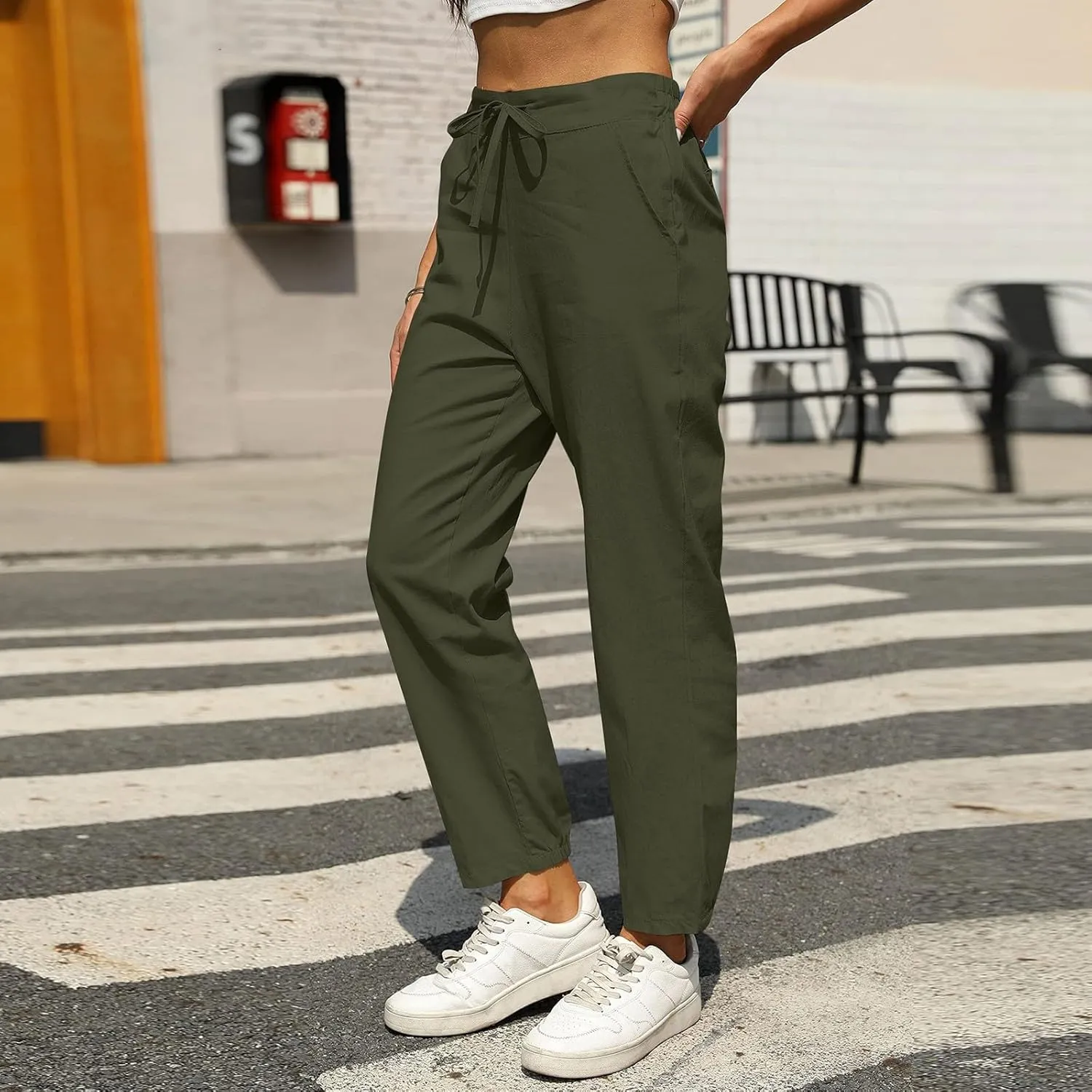 fanmpghleoo Tapered Linen Pants Women Summer Drawstring Back Elastic Waist Pants Soft Crop Straight Leg Trousers with Pockets