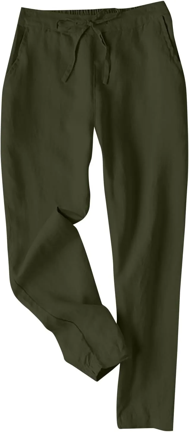 fanmpghleoo Tapered Linen Pants Women Summer Drawstring Back Elastic Waist Pants Soft Crop Straight Leg Trousers with Pockets