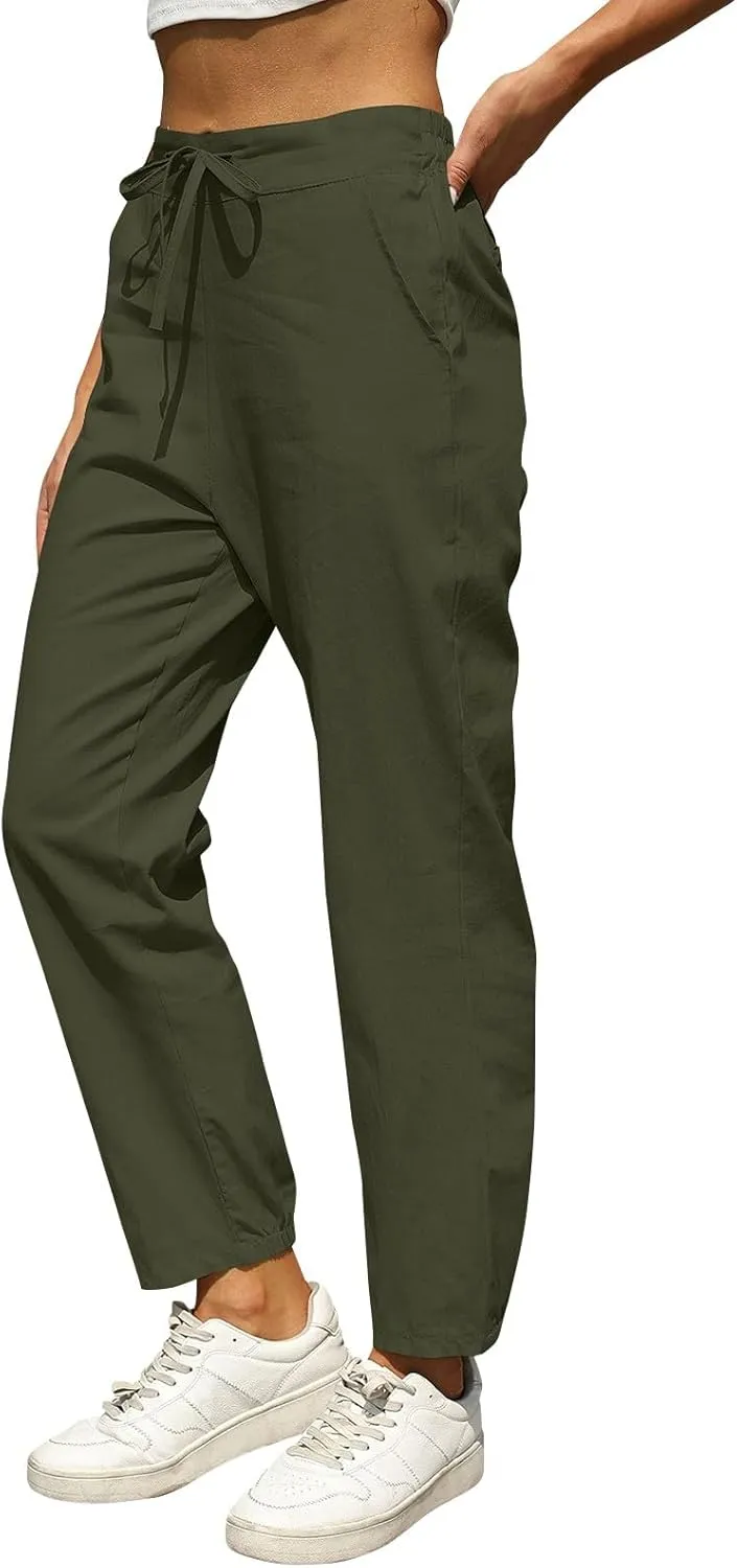 fanmpghleoo Tapered Linen Pants Women Summer Drawstring Back Elastic Waist Pants Soft Crop Straight Leg Trousers with Pockets