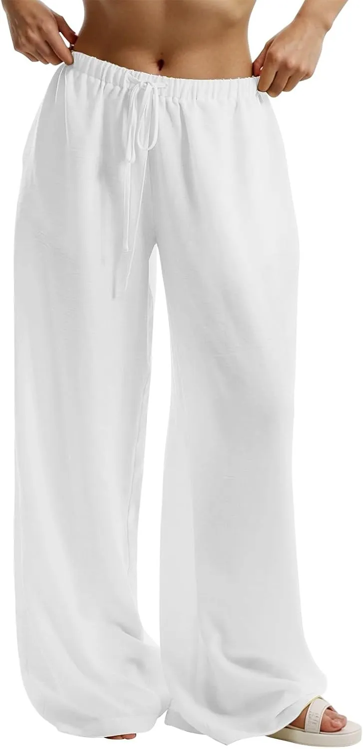 fanmpghleoo Wide Leg Linen Pants for Women Drawstring Flowy Beach Pants Casual Palazzo Pants Comfy Lounge Pants with Pockets