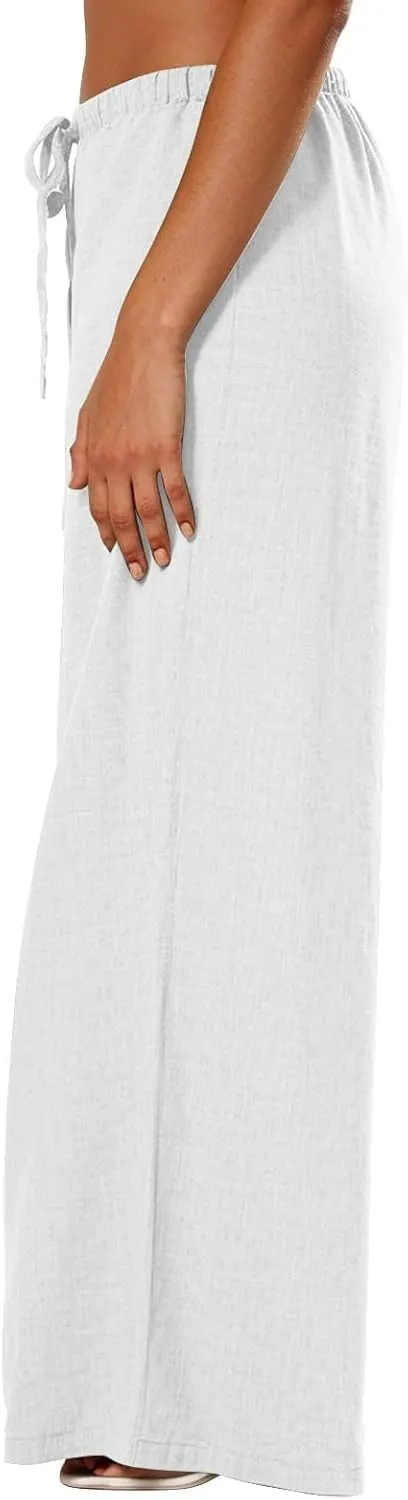 fanmpghleoo Wide Leg Linen Pants for Women Drawstring Flowy Beach Pants Casual Palazzo Pants Comfy Lounge Pants with Pockets