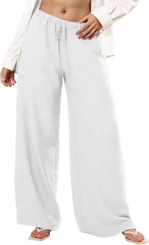fanmpghleoo Wide Leg Linen Pants for Women Drawstring Flowy Beach Pants Casual Palazzo Pants Comfy Lounge Pants with Pockets