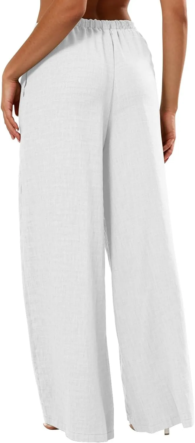 fanmpghleoo Wide Leg Linen Pants for Women Drawstring Flowy Beach Pants Casual Palazzo Pants Comfy Lounge Pants with Pockets