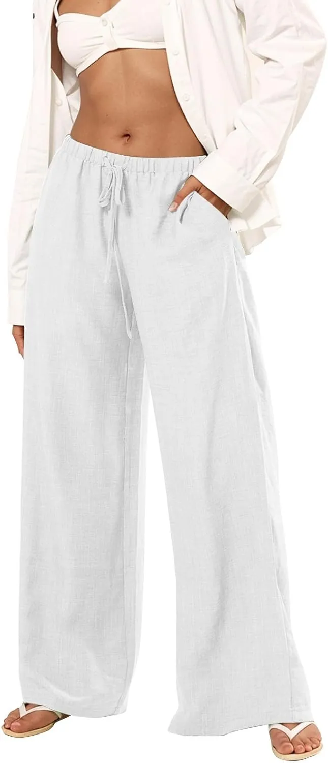 fanmpghleoo Wide Leg Linen Pants for Women Drawstring Flowy Beach Pants Casual Palazzo Pants Comfy Lounge Pants with Pockets