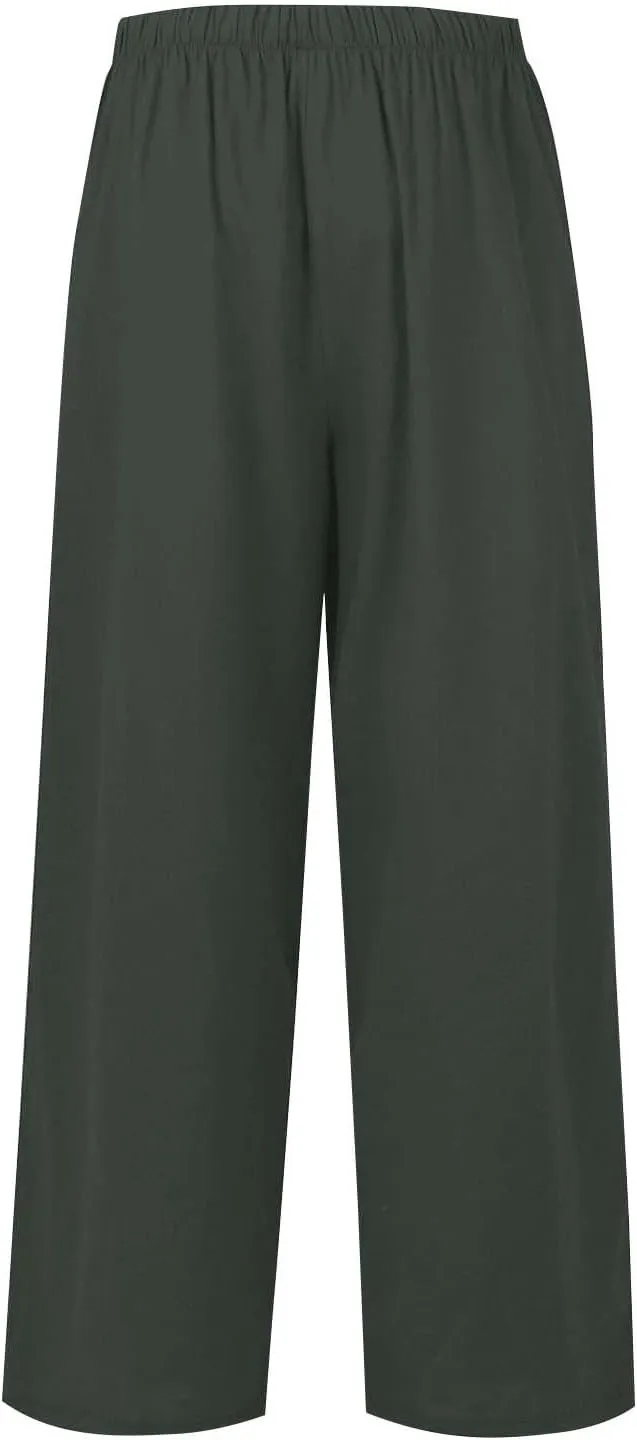 fanmpghleoo Wide Leg Linen Pants for Women Drawstring High Waisted Linen Palazzo Pants Flowy Comfy Lounge Pant with Pockets