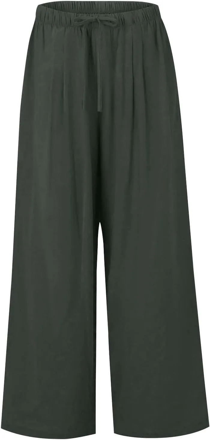 fanmpghleoo Wide Leg Linen Pants for Women Drawstring High Waisted Linen Palazzo Pants Flowy Comfy Lounge Pant with Pockets