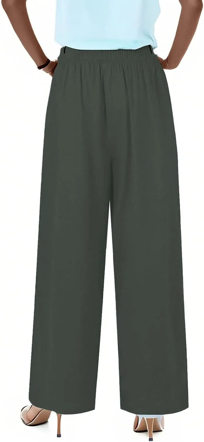fanmpghleoo Wide Leg Linen Pants for Women Drawstring High Waisted Linen Palazzo Pants Flowy Comfy Lounge Pant with Pockets