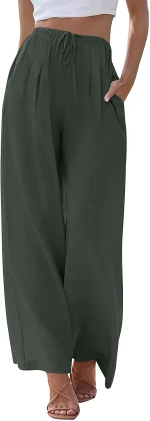 fanmpghleoo Wide Leg Linen Pants for Women Drawstring High Waisted Linen Palazzo Pants Flowy Comfy Lounge Pant with Pockets