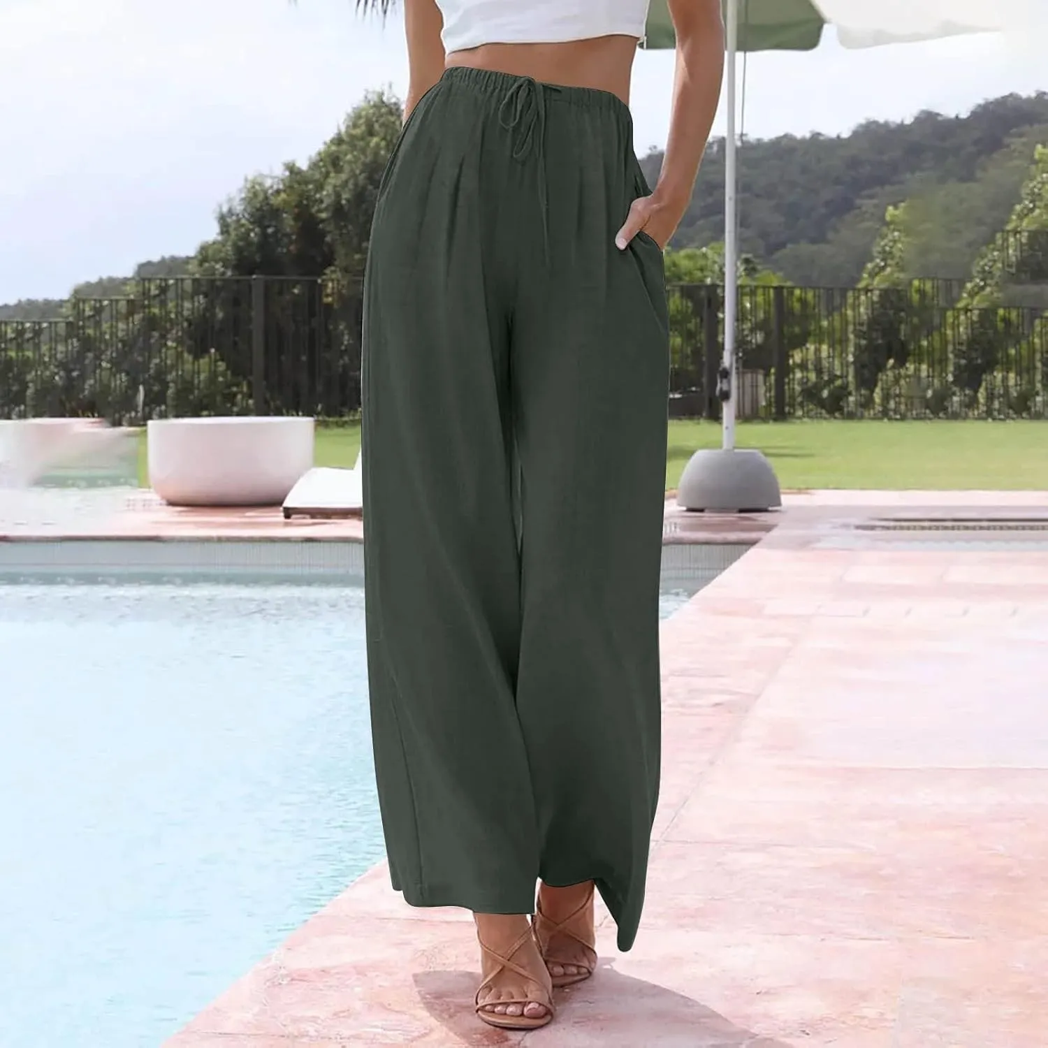 fanmpghleoo Wide Leg Linen Pants for Women Drawstring High Waisted Linen Palazzo Pants Flowy Comfy Lounge Pant with Pockets
