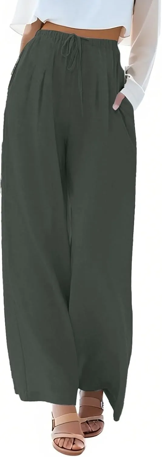 fanmpghleoo Wide Leg Linen Pants for Women Drawstring High Waisted Linen Palazzo Pants Flowy Comfy Lounge Pant with Pockets