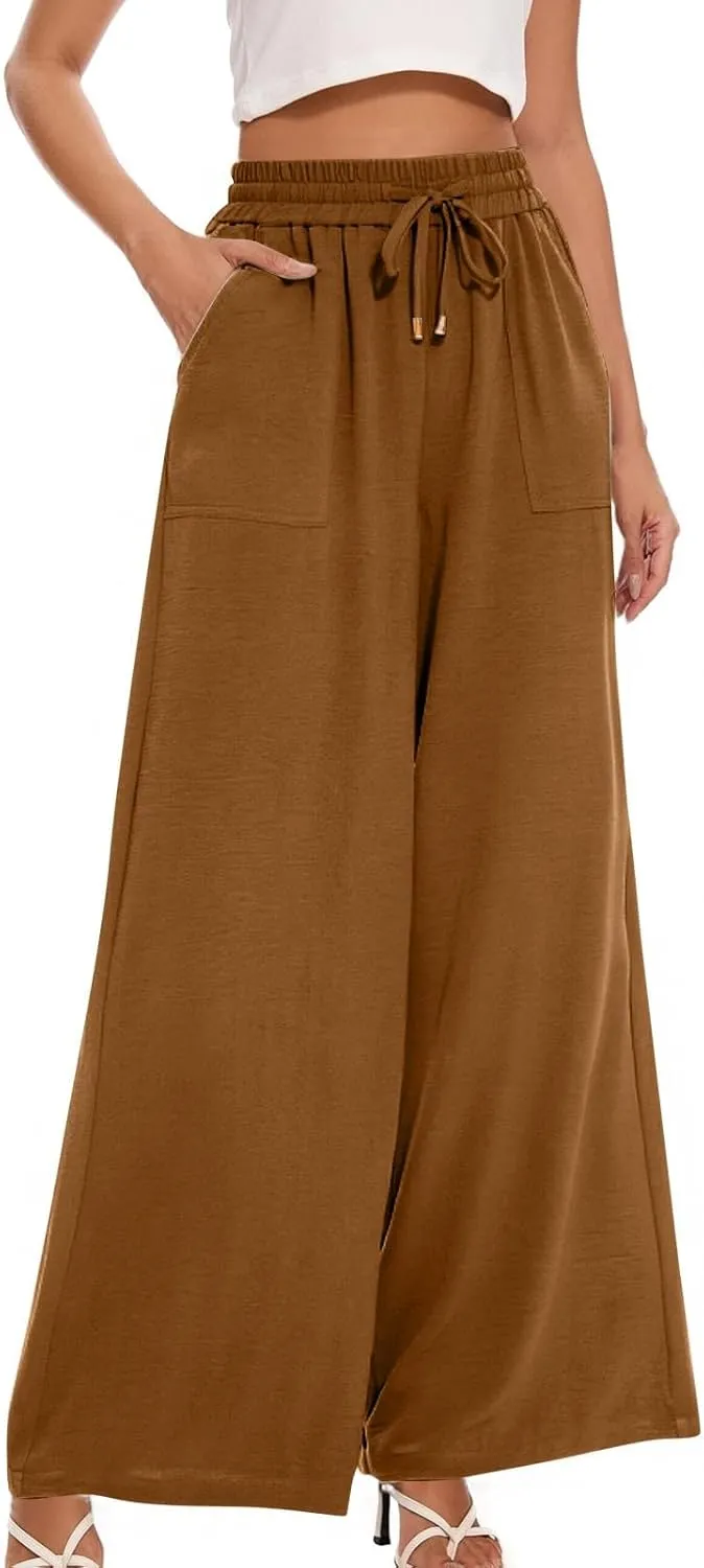 fanmpghleoo Wide Leg Linen Pants for Women Drawstring High Waisted Palazzo Pants Lounge Linen Trousers Flowy Boho Beach Pants