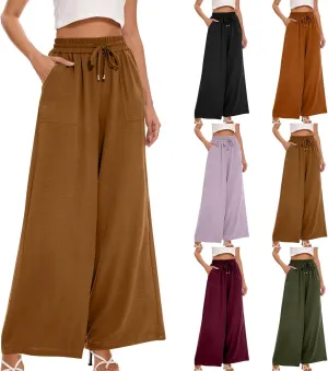 fanmpghleoo Wide Leg Linen Pants for Women Drawstring High Waisted Palazzo Pants Lounge Linen Trousers Flowy Boho Beach Pants