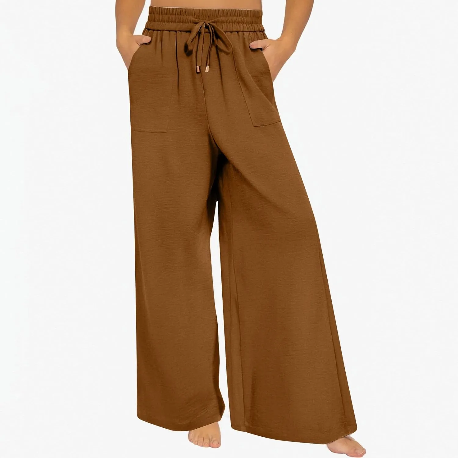 fanmpghleoo Wide Leg Linen Pants for Women Drawstring High Waisted Palazzo Pants Lounge Linen Trousers Flowy Boho Beach Pants