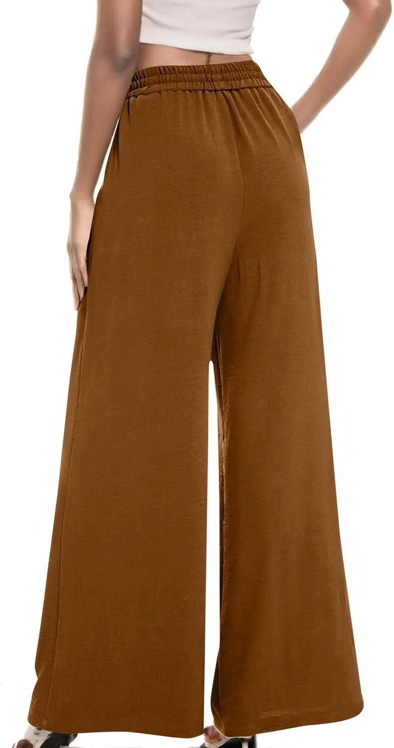 fanmpghleoo Wide Leg Linen Pants for Women Drawstring High Waisted Palazzo Pants Lounge Linen Trousers Flowy Boho Beach Pants