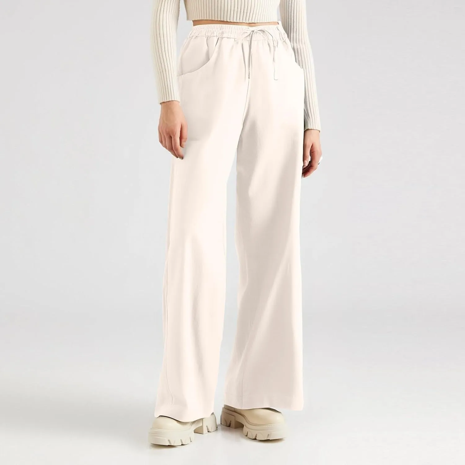 fanmpghleoo Wide Leg Linen Pants for Women Plus Size Linen Pants Women Summer Business Casual Baggy High Waisted Dress Pants