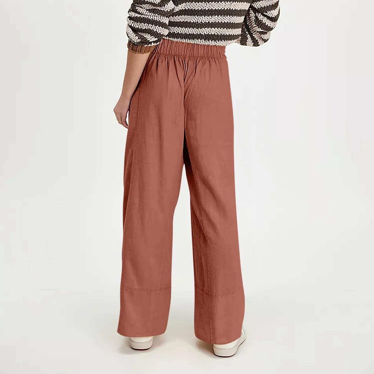 fanmpghleoo Wide Leg Linen Pants Women Summer Casual Elastic High Waisted Linen Trousers with Pockets Beach Vacation Slacks