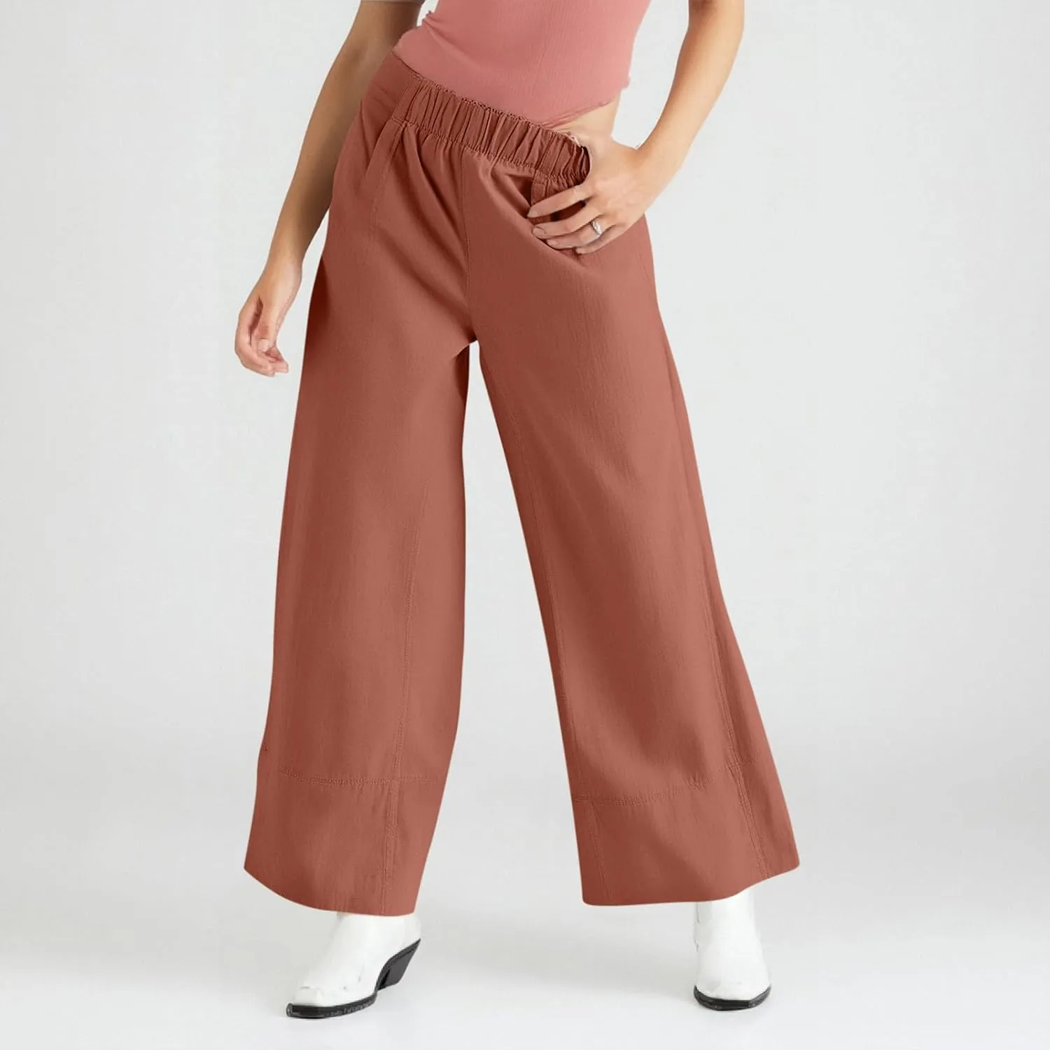 fanmpghleoo Wide Leg Linen Pants Women Summer Casual Elastic High Waisted Linen Trousers with Pockets Beach Vacation Slacks