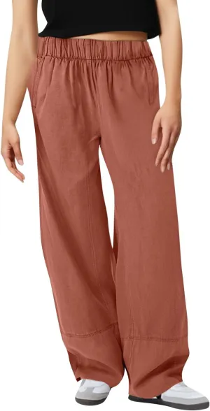 fanmpghleoo Wide Leg Linen Pants Women Summer Casual Elastic High Waisted Linen Trousers with Pockets Beach Vacation Slacks