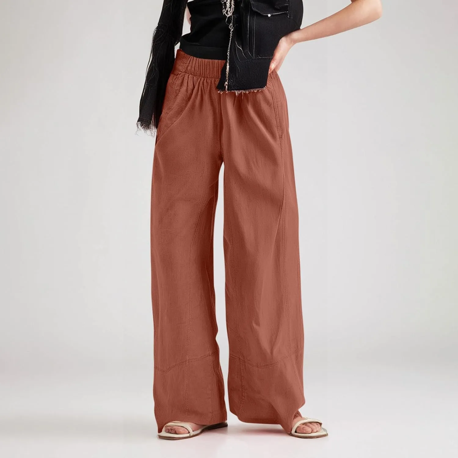 fanmpghleoo Wide Leg Linen Pants Women Summer Casual Elastic High Waisted Linen Trousers with Pockets Beach Vacation Slacks