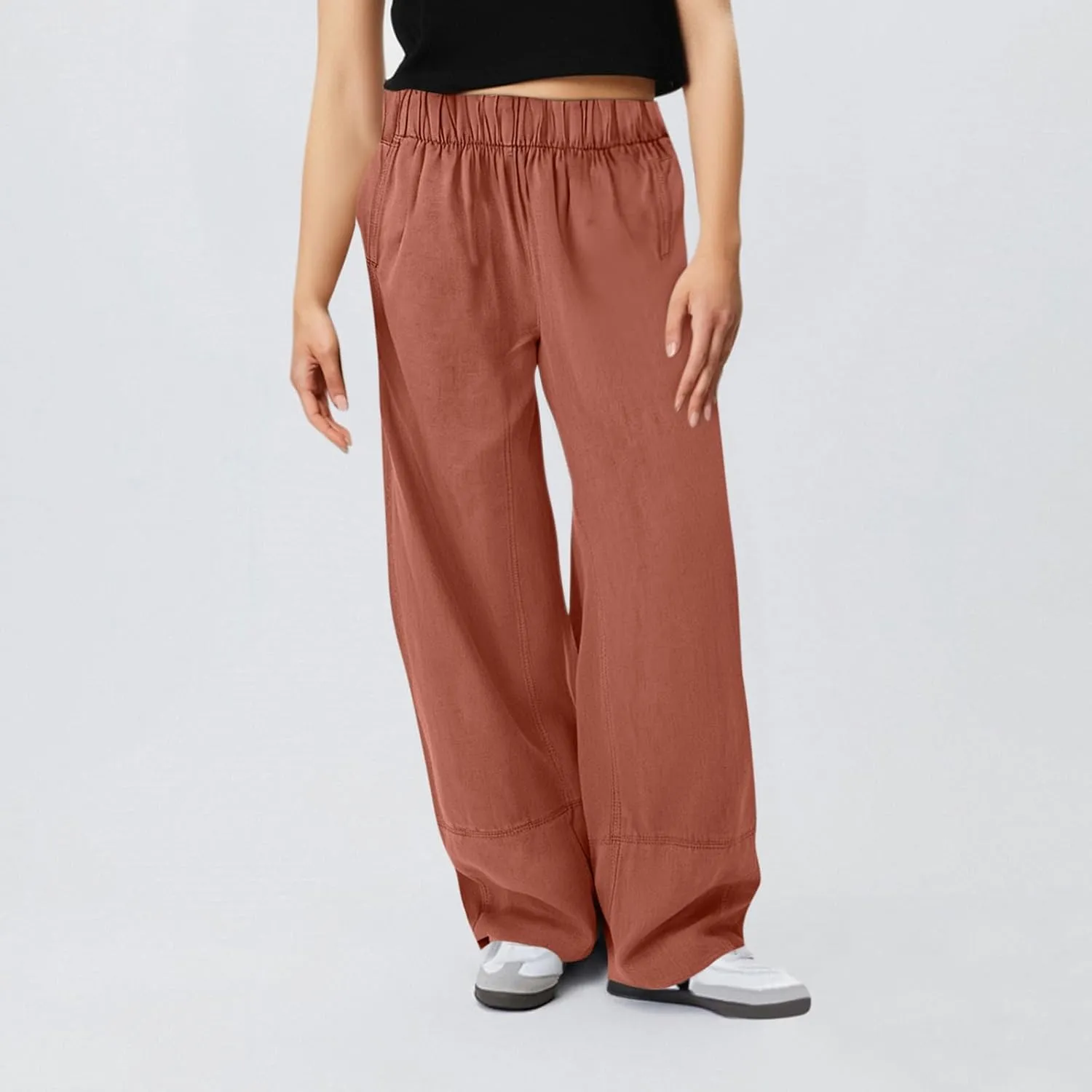 fanmpghleoo Wide Leg Linen Pants Women Summer Casual Elastic High Waisted Linen Trousers with Pockets Beach Vacation Slacks
