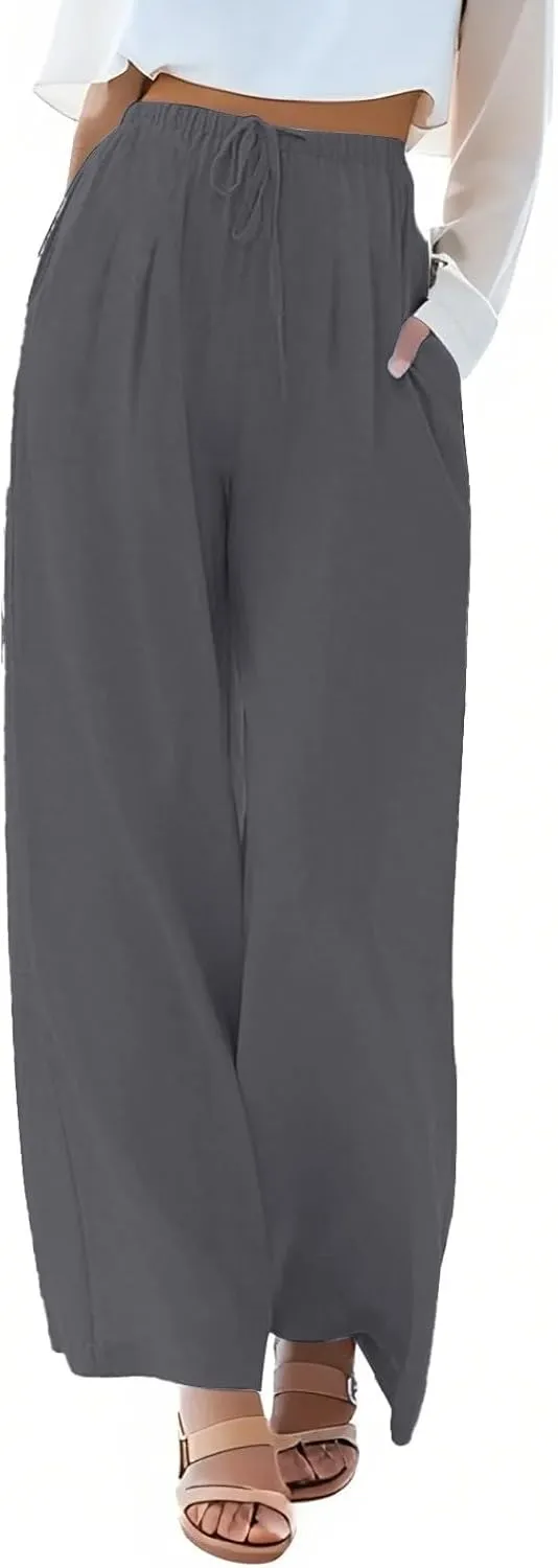 fanmpghleoo Wide Leg Palazzo Pants for Women Casual Drawstring Linen Pants Summer High Waisted Linen Trousers with Pockets