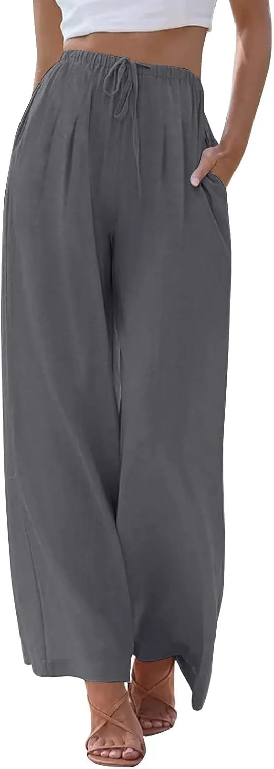 fanmpghleoo Wide Leg Palazzo Pants for Women Casual Drawstring Linen Pants Summer High Waisted Linen Trousers with Pockets
