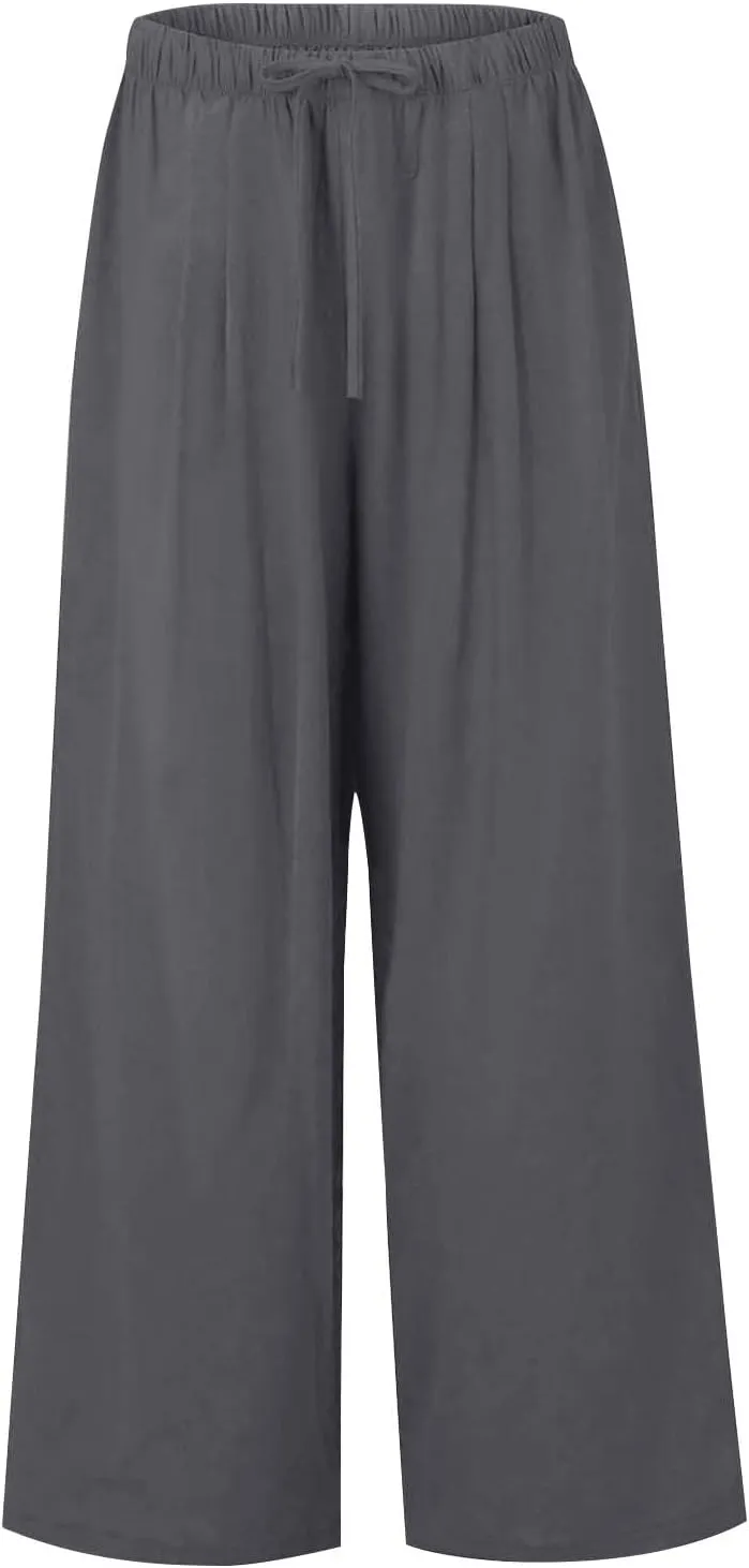 fanmpghleoo Wide Leg Palazzo Pants for Women Casual Drawstring Linen Pants Summer High Waisted Linen Trousers with Pockets
