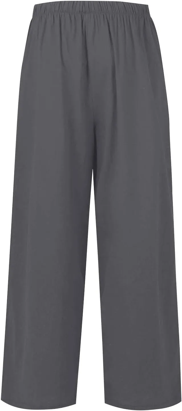 fanmpghleoo Wide Leg Palazzo Pants for Women Casual Drawstring Linen Pants Summer High Waisted Linen Trousers with Pockets