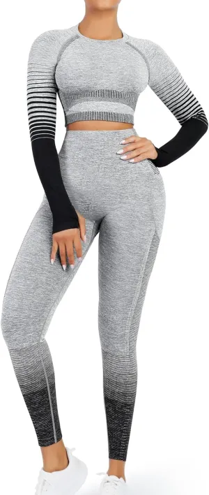 FeelinGirl Workout Sets for Women 2 Piece Long Sleeve Gym Outfit Yoga Set Crop Top High Waist Legging with Pocket