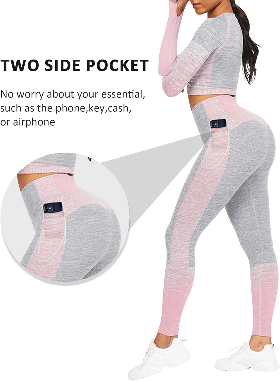 FeelinGirl Workout Sets for Women 2 Piece Long Sleeve Gym Outfit Yoga Set Crop Top High Waist Legging with Pocket