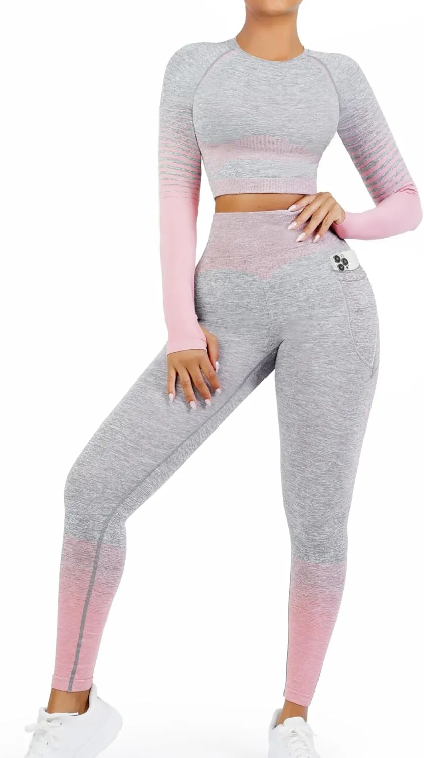 FeelinGirl Workout Sets for Women 2 Piece Long Sleeve Gym Outfit Yoga Set Crop Top High Waist Legging with Pocket