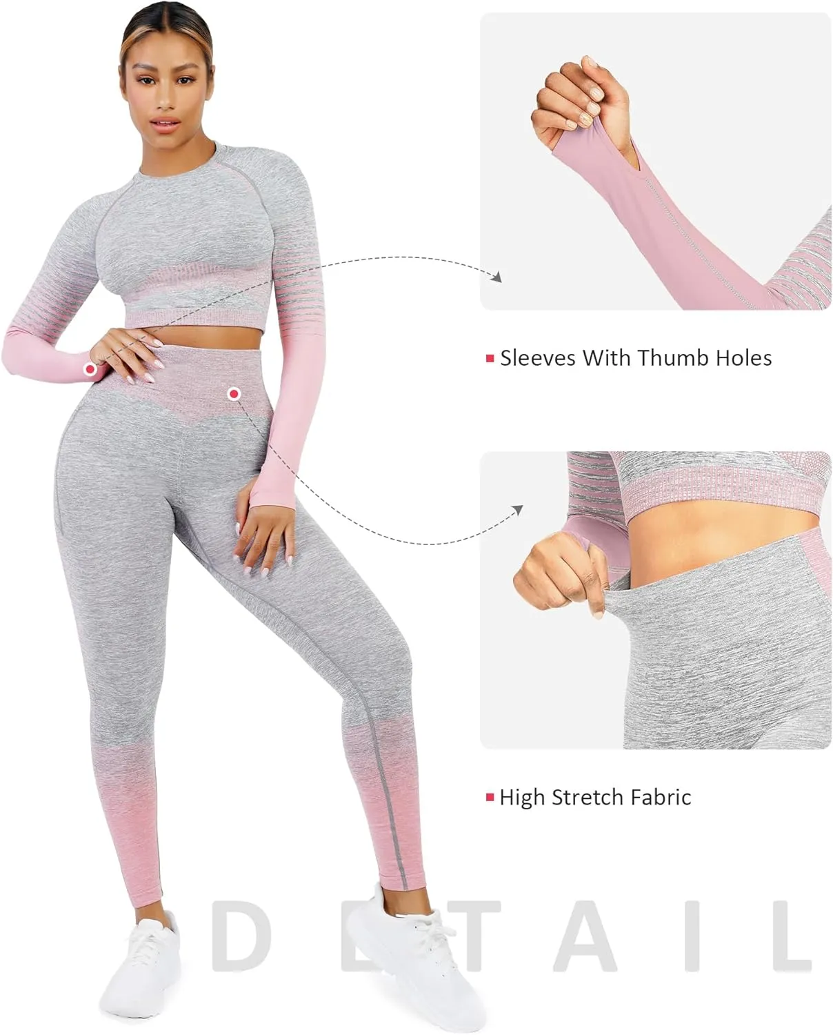 FeelinGirl Workout Sets for Women 2 Piece Long Sleeve Gym Outfit Yoga Set Crop Top High Waist Legging with Pocket