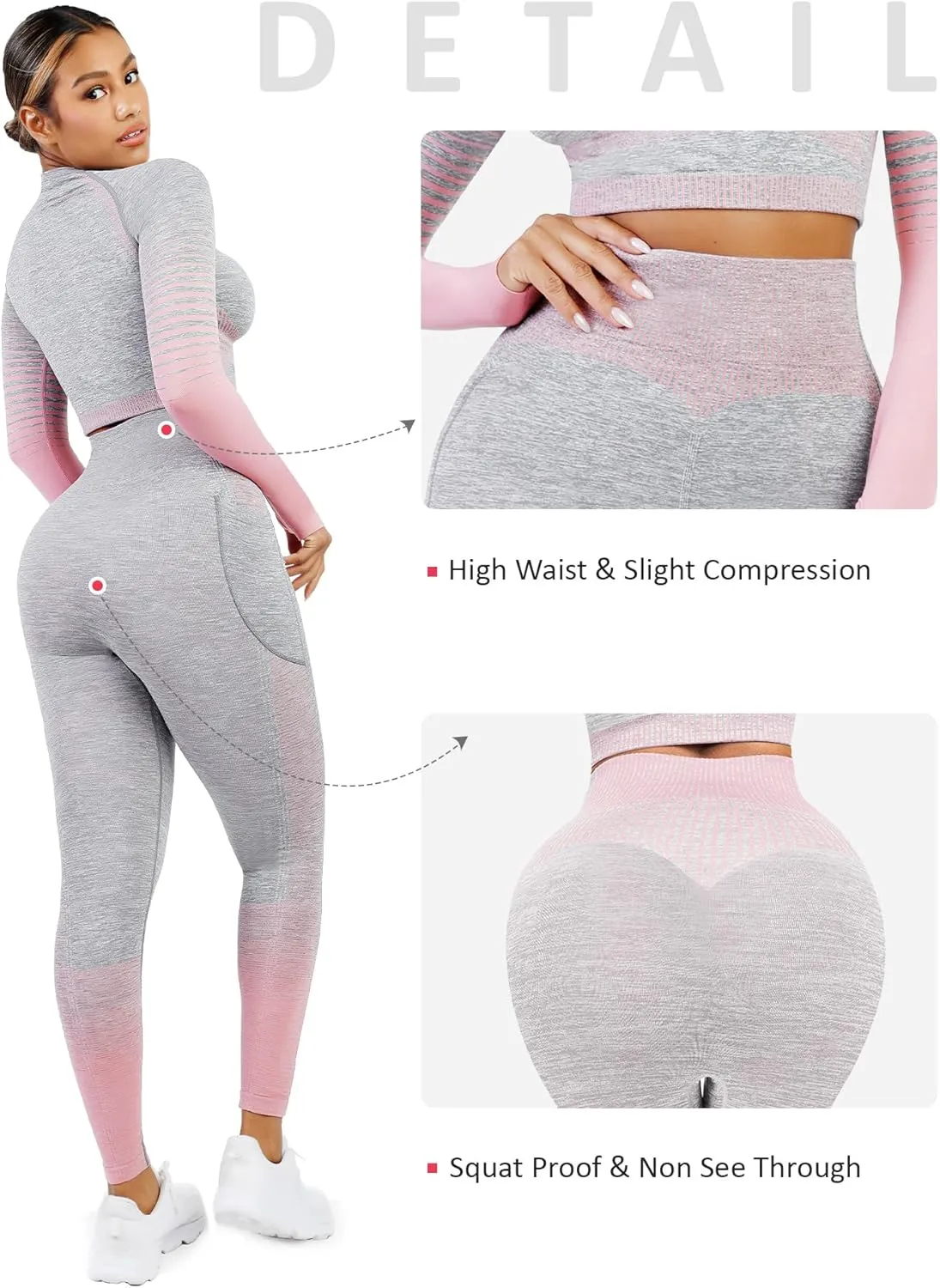 FeelinGirl Workout Sets for Women 2 Piece Long Sleeve Gym Outfit Yoga Set Crop Top High Waist Legging with Pocket