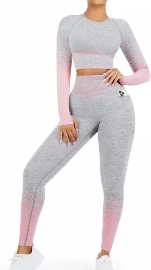 FeelinGirl Workout Sets for Women 2 Piece Long Sleeve Gym Outfit Yoga Set Crop Top High Waist Legging with Pocket