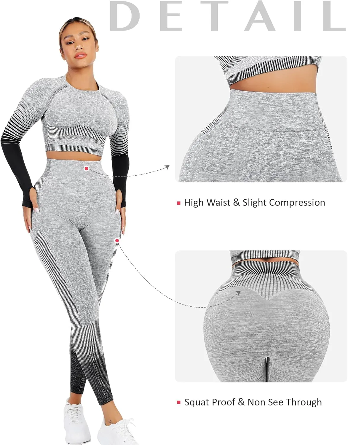FeelinGirl Workout Sets for Women 2 Piece Long Sleeve Gym Outfit Yoga Set Crop Top High Waist Legging with Pocket