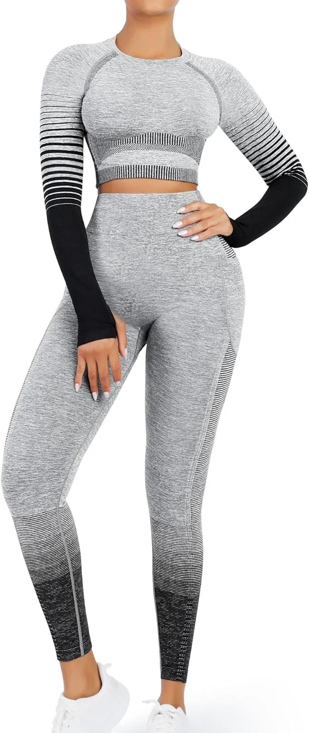 FeelinGirl Workout Sets for Women 2 Piece Long Sleeve Gym Outfit Yoga Set Crop Top High Waist Legging with Pocket