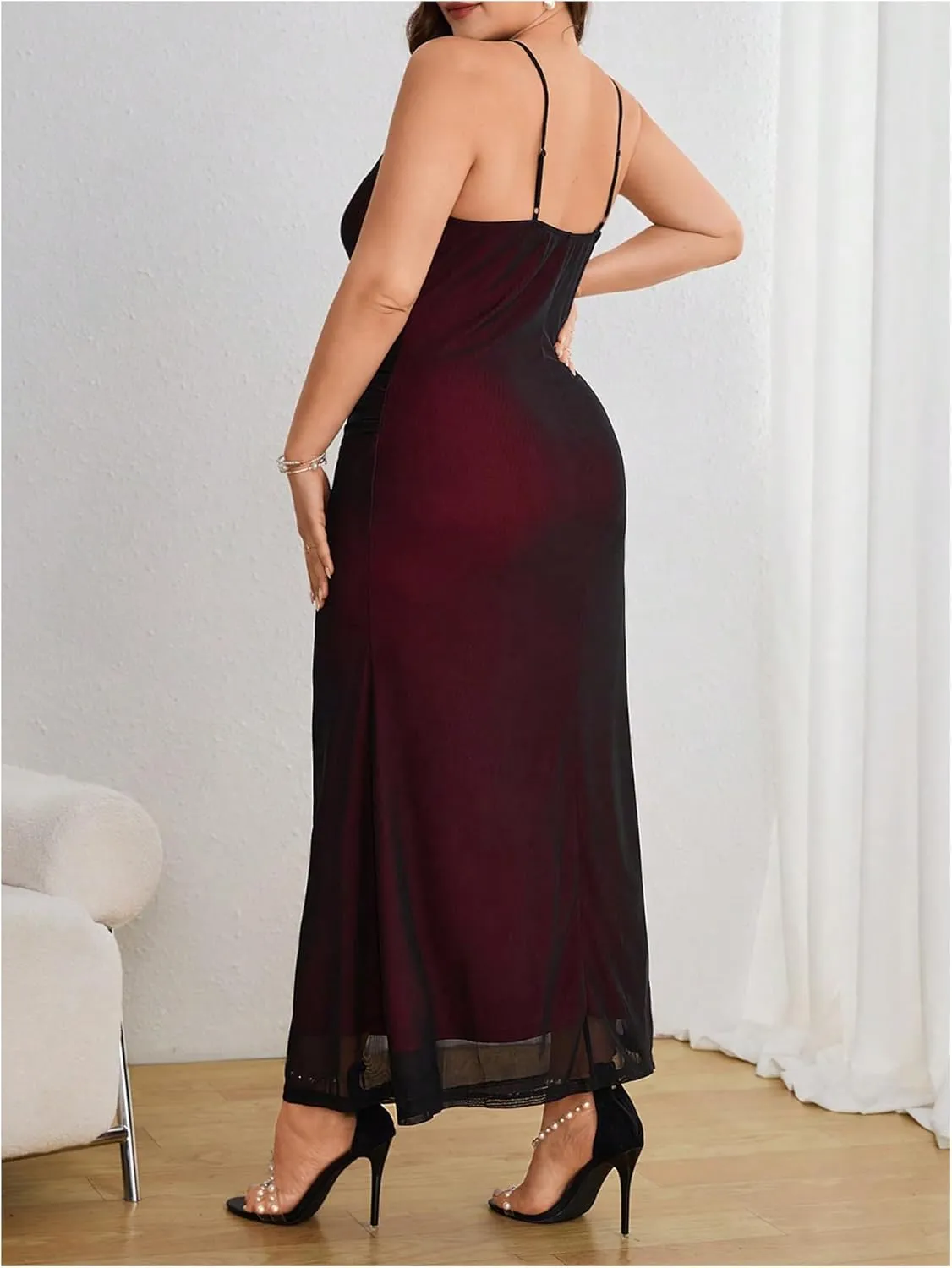 Floerns Women's Plus Size Dress Mesh Bodycon Maxi Slip Dress Spaghetti Strap Ruched Cocktail Dresses