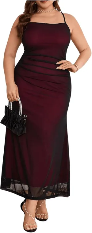 Floerns Women's Plus Size Dress Mesh Bodycon Maxi Slip Dress Spaghetti Strap Ruched Cocktail Dresses