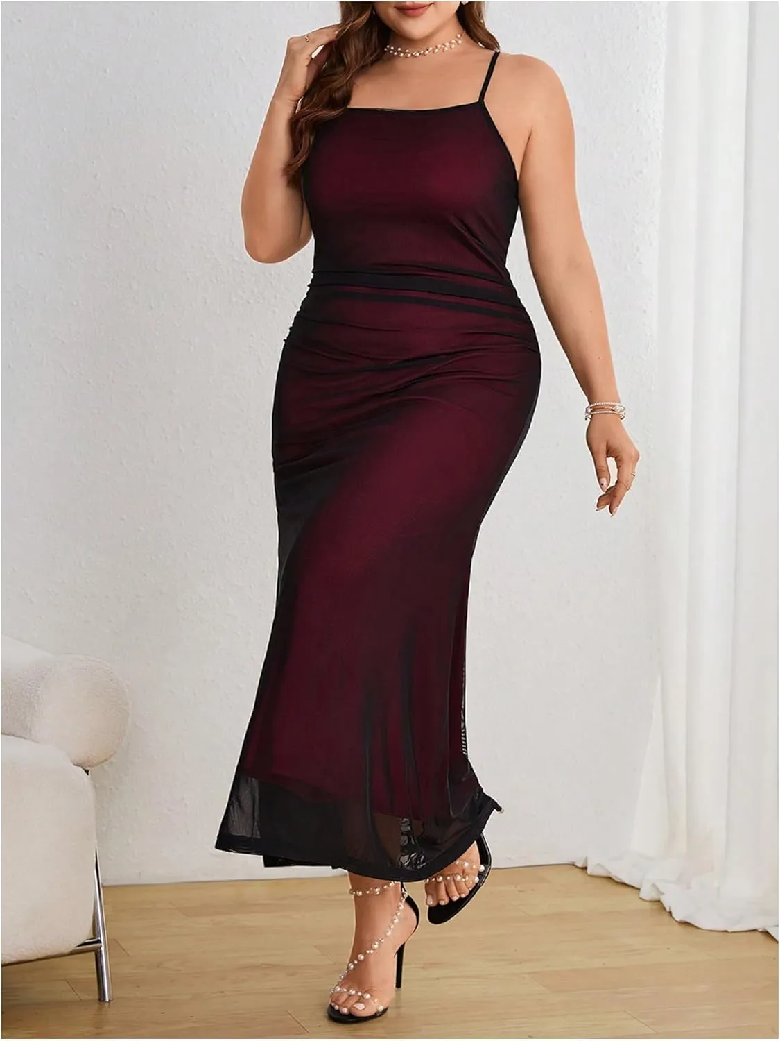 Floerns Women's Plus Size Dress Mesh Bodycon Maxi Slip Dress Spaghetti Strap Ruched Cocktail Dresses