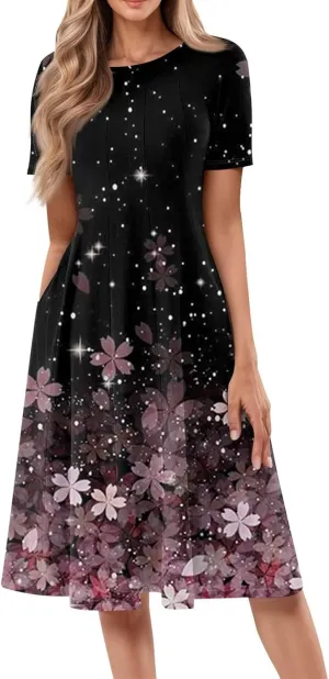 Floral Formal Dress Women 2025 Midi Short Sleeve Round Neck Dresses Elegant Pleated with Side Pocket Casual Boho