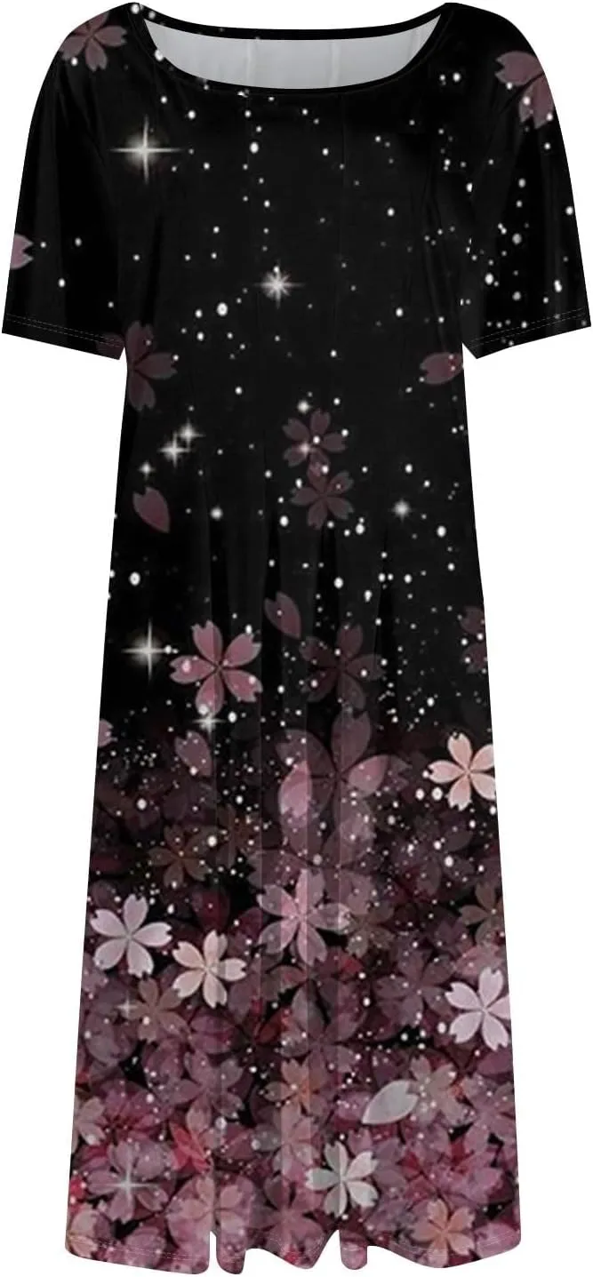 Floral Formal Dress Women 2025 Midi Short Sleeve Round Neck Dresses Elegant Pleated with Side Pocket Casual Boho