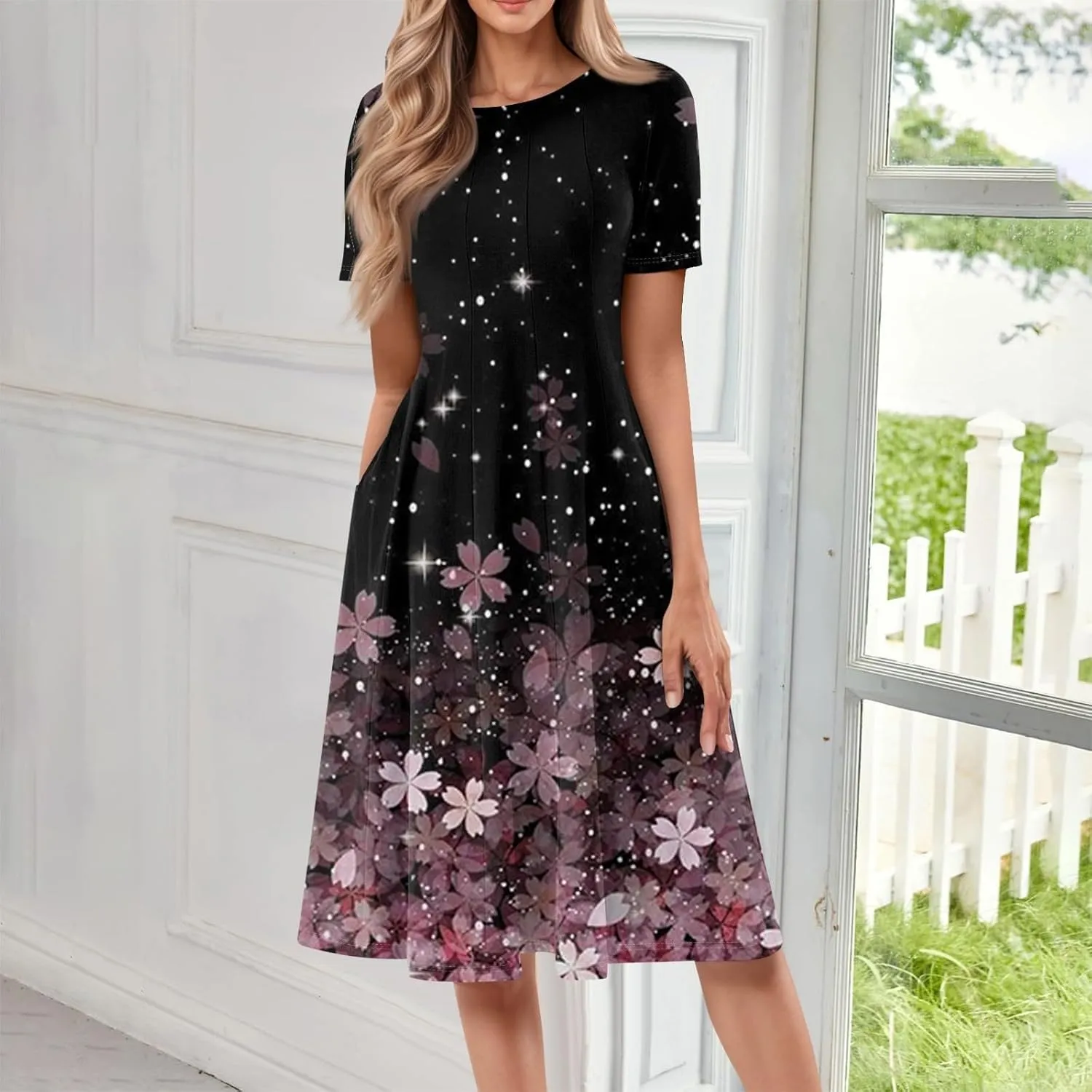 Floral Formal Dress Women 2025 Midi Short Sleeve Round Neck Dresses Elegant Pleated with Side Pocket Casual Boho