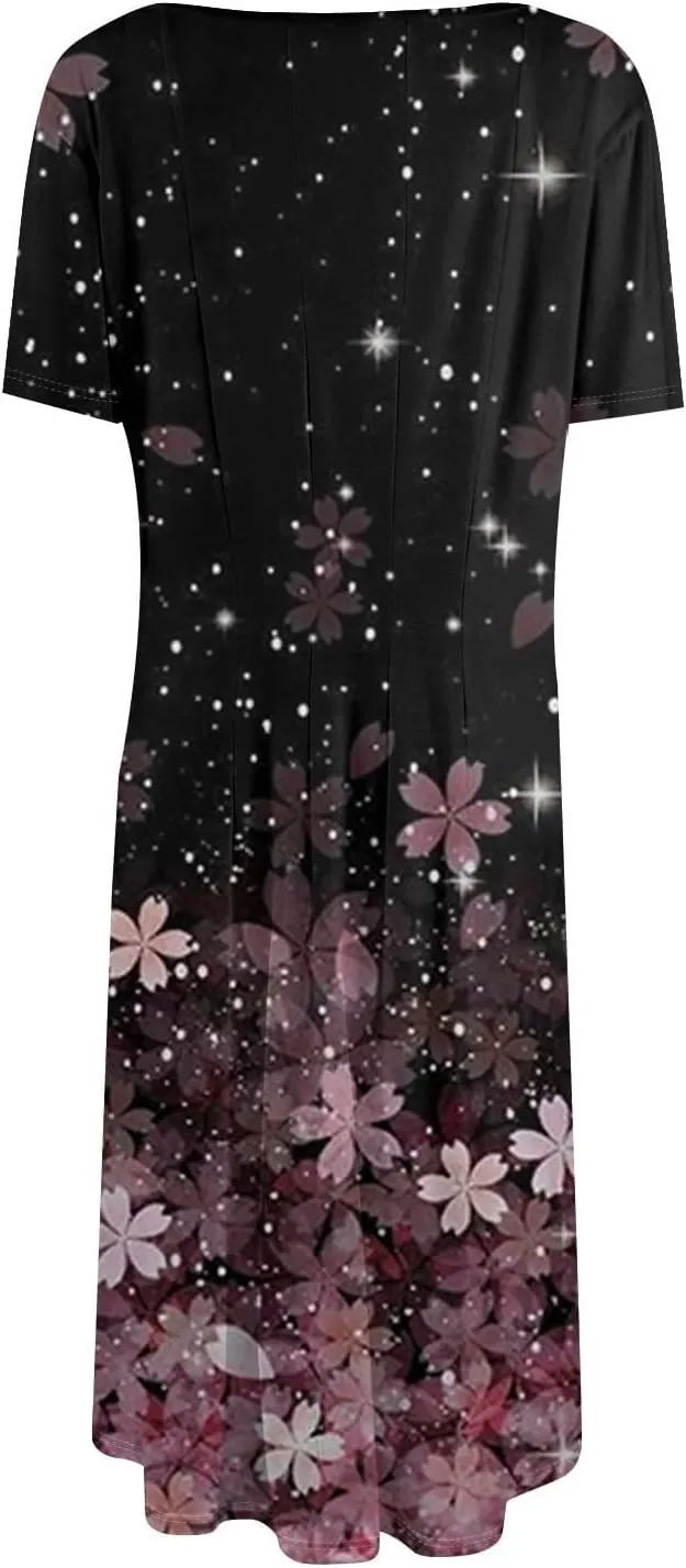 Floral Formal Dress Women 2025 Midi Short Sleeve Round Neck Dresses Elegant Pleated with Side Pocket Casual Boho