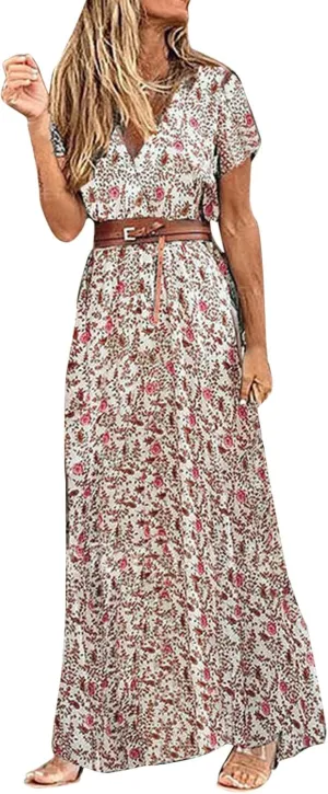 Floral Long Dress Sleeveless Split Hem Drawstring Casual Dress with belt Cold Shoulder Women Pattern Print Slim Shift Dress Red