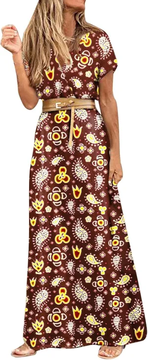 Floral Long Dress Sleeveless Split Hem Drawstring Casual Dress with belt Cold Shoulder Women Pattern Print Slim Shift Dress Wine