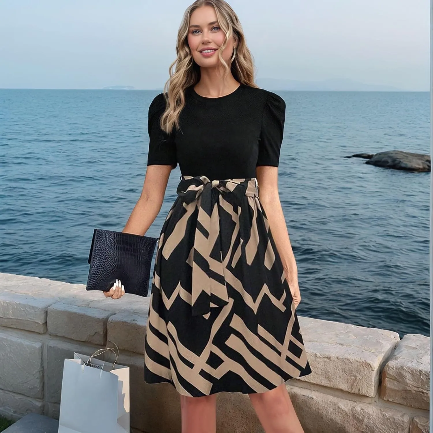 Floral Mini Dress for Women Causal Summer Tie Empire Waist Wrap Dress Short Sleeve Knee Length Flowy Ruffle Dresses