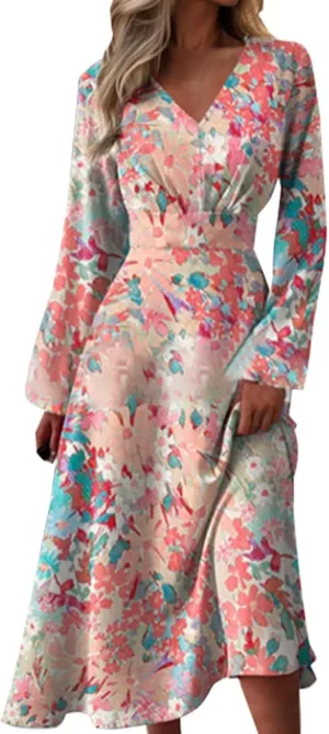 Floral Pink Dress Sleeve Loose Plain Maxi Dresses Casual Long Dresses with Pockets Long Floral Sun
